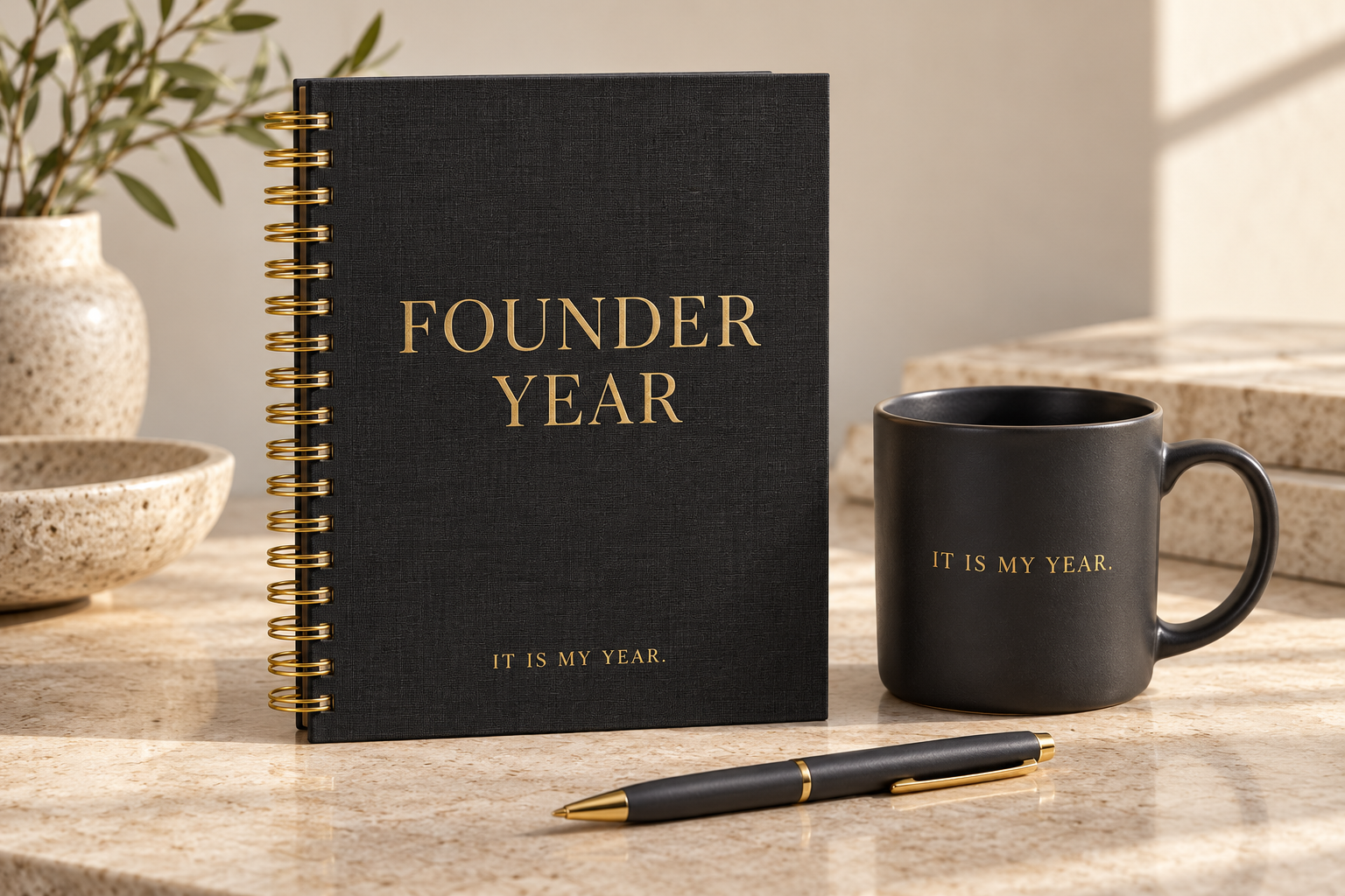 Founder Year charcoal planner concept with gold lettering, a matching It Is My Year mug and pen