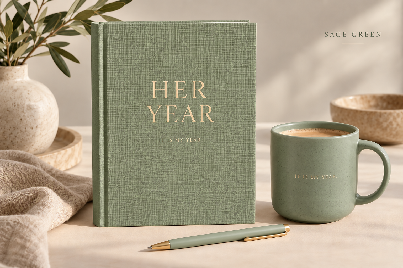 Sage green Her Year diary, matching mug and pen concept