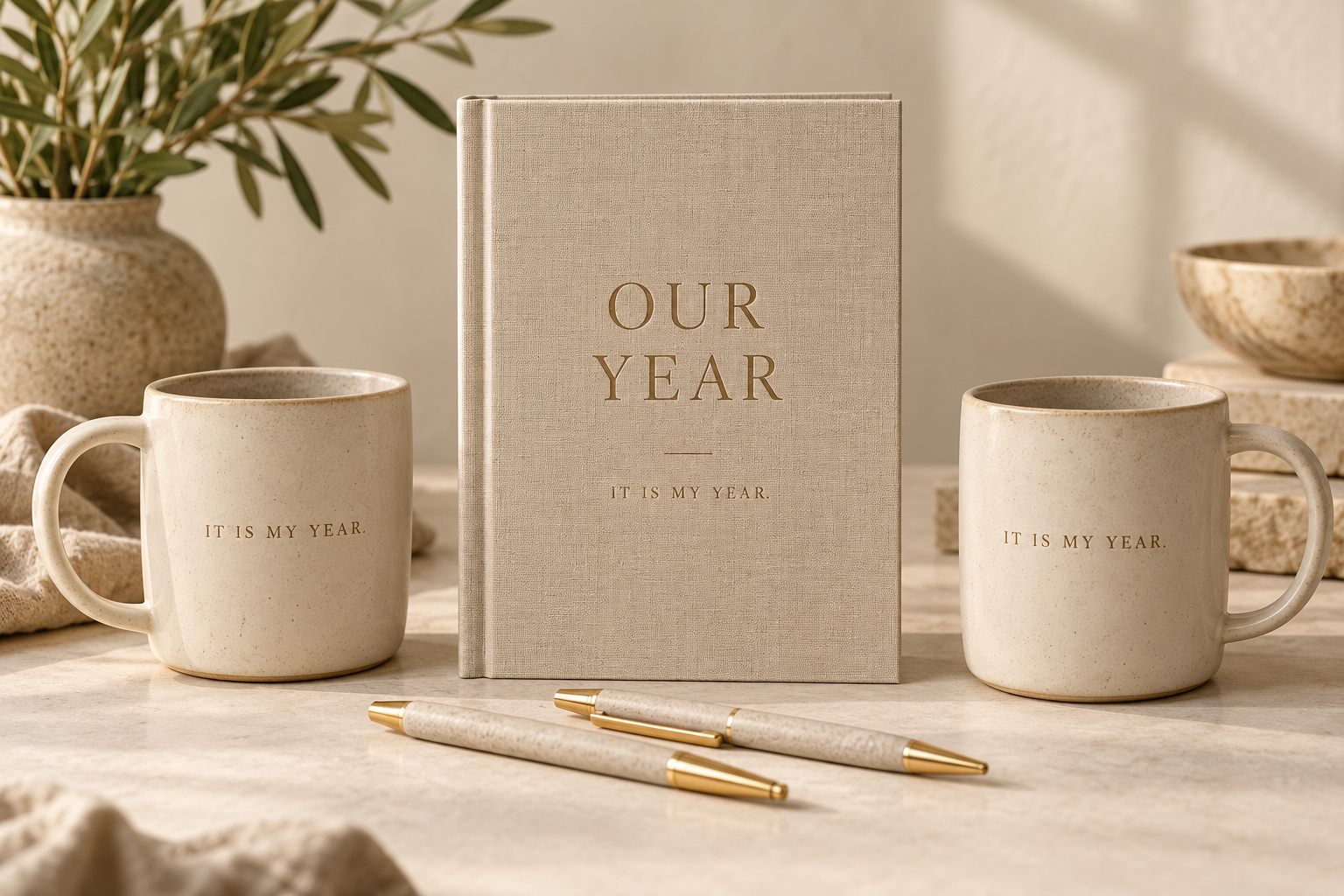Our Year shared stone-coloured diary concept with two matching It Is My Year mugs and two pens